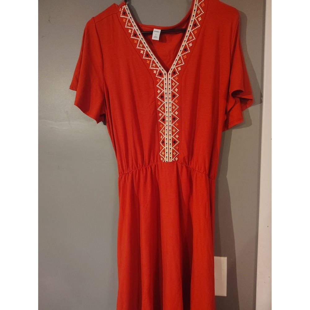 Old Navy Embroidered V-Neck Midi Dress Burnt Orange Boho Elastic Waist Large